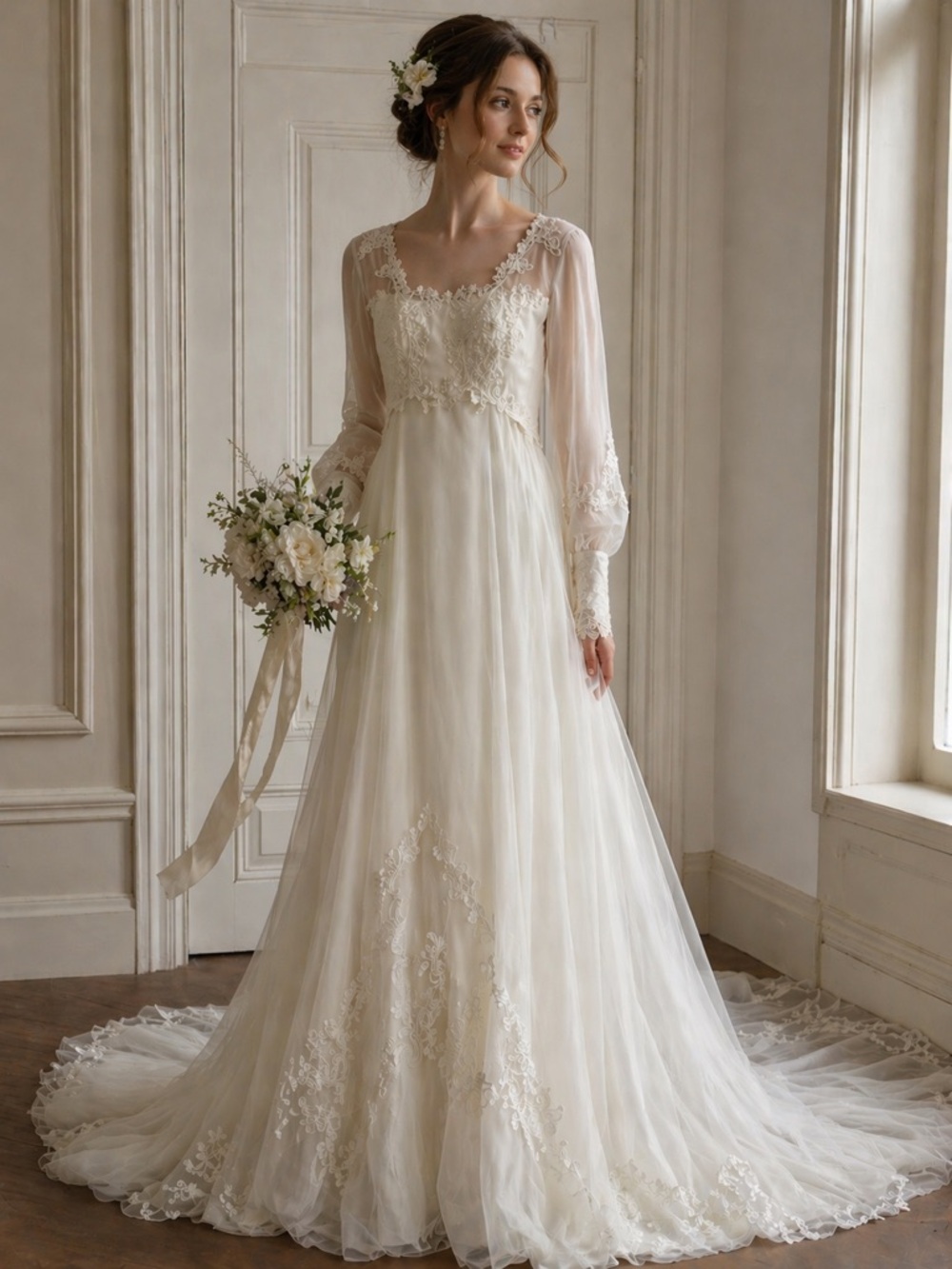 VTG  William Cahill  White Lace Wedding Dress Train Sheer Sleeves Bridal Gown S